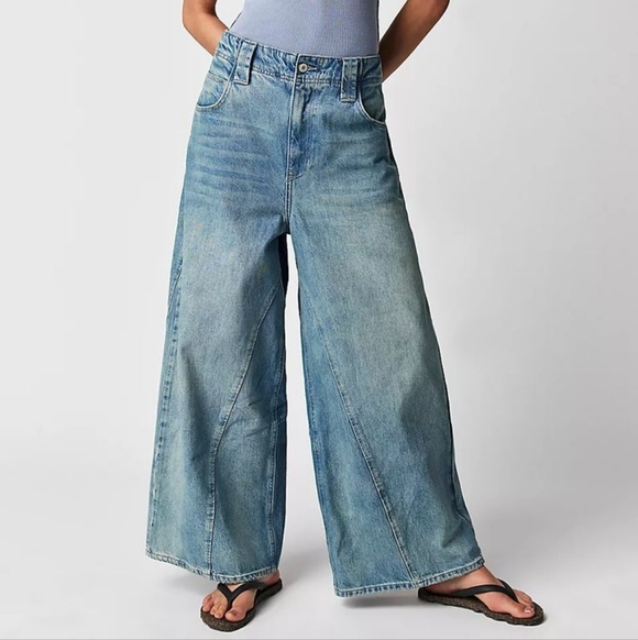 Free People Denim - Free People We The Free Good Vibes Dropped Blue Mid Rise Slouchy Wide Leg Jeans